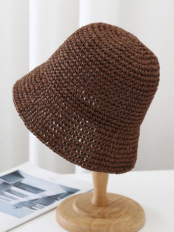 ブラウン小さなつばのバケットハット 日焼け防止 ビーチ編み麦わら帽子 女性用 2025