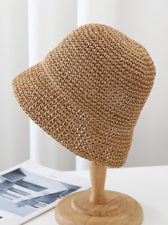 カーキ 小さなつばのバケットハット 日焼け防止 ビーチ編み麦わら帽子 女性用 2025