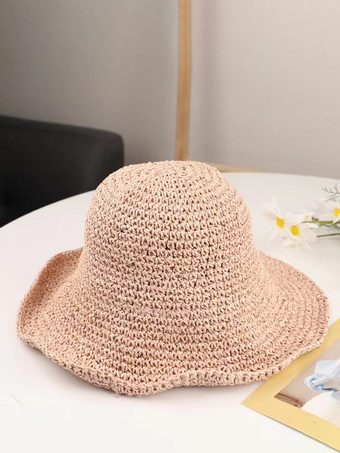 ピンク夏用編み麦わら帽子 女性用 日焼け防止 折りたたみ式 ビーチハット 2025