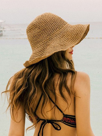 夏用編み麦わら帽子 女性用 日焼け防止 折りたたみ式 ビーチハット 2025
