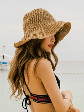 カーキ 夏用編み麦わら帽子 女性用 日焼け防止 折りたたみ式 ビーチハット 2025