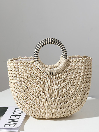 シェル付き手持ちストローバッグ 半円形ビーチバッグ 女性用 2025