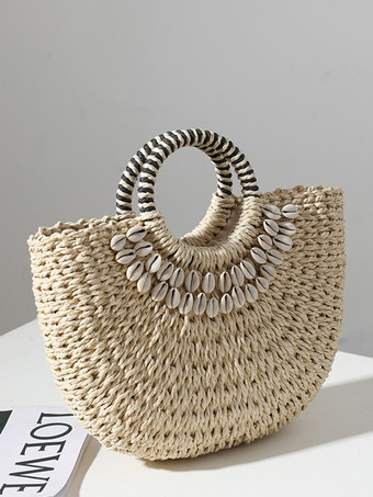 シェル付き手持ちストローバッグ 半円形ビーチバッグ 女性用 2025