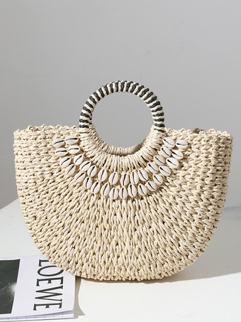 アイボリー シェル付き手持ちストローバッグ 半円形ビーチバッグ 女性用 2025