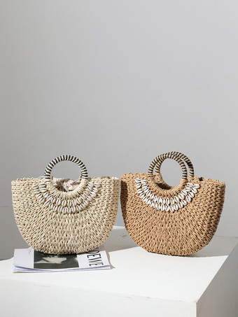 シェル付き手持ちストローバッグ 半円形ビーチバッグ 女性用 2025