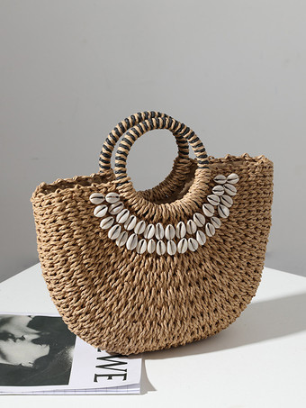 シェル付き手持ちストローバッグ 半円形ビーチバッグ 女性用 2025