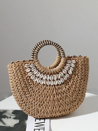 ブラウン シェル付き手持ちストローバッグ 半円形ビーチバッグ 女性用 2025