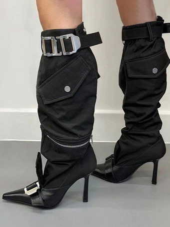 ブラック ブラックニーハイブーツ 尖ったつま先デザイン ジップアップ ハイヒールブーツ レディース 2025