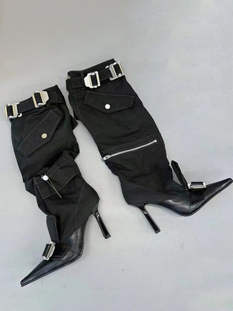 ブラックニーハイブーツ 尖ったつま先デザイン ジップアップ ハイヒールブーツ レディース 2025