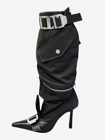 ブラックニーハイブーツ 尖ったつま先デザイン ジップアップ ハイヒールブーツ レディース 2025