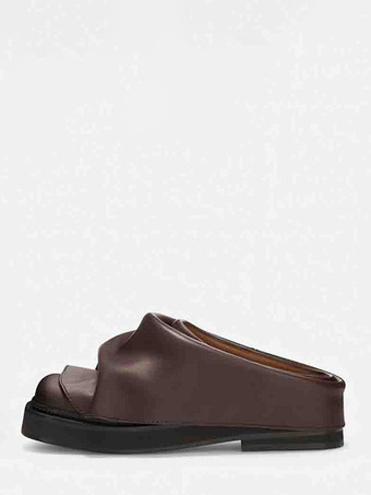 Coffee BrownWomen's Black Mules Square Toe Ruched Backless Loafers