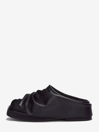 Black Women's Black Mules Square Toe Ruched Backless Loafers