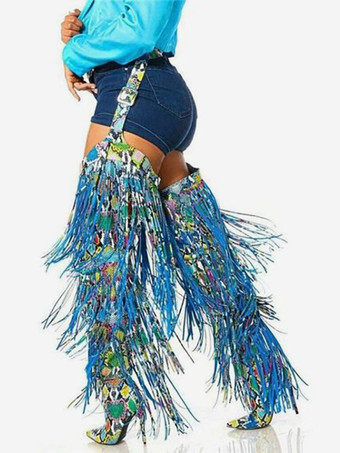 ライトスカイブルーレディース オーバーニーブーツ タッセル ポインテッドトゥ ワイドカーフ ハイヒール サイハイブーツ