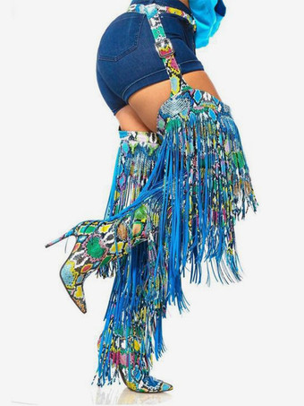 レディース オーバーニーブーツ タッセル ポインテッドトゥ ワイドカーフ ハイヒール サイハイブーツ