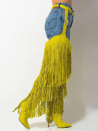 イエローレディース オーバーニーブーツ タッセル ポインテッドトゥ ワイドカーフ ハイヒール サイハイブーツ