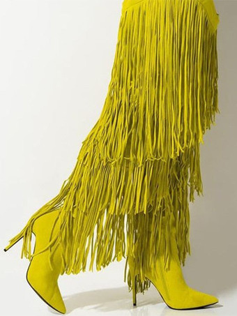 レディース オーバーニーブーツ タッセル ポインテッドトゥ ワイドカーフ ハイヒール サイハイブーツ