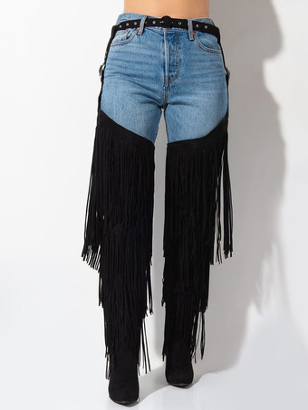 ブラック レディース オーバーニーブーツ タッセル ポインテッドトゥ ワイドカーフ ハイヒール サイハイブーツ