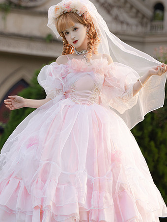 ピンクスイートロリータドレス 半袖ジャンパー 花嫁ウェディング姫ロリータドレス