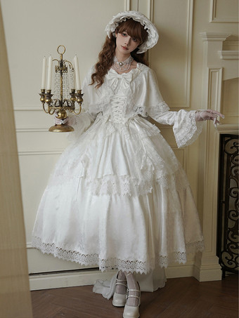 ホワイト スイートロリータドレス ホワイトポリエステル 長袖 ウェディング姫ロリータドレス