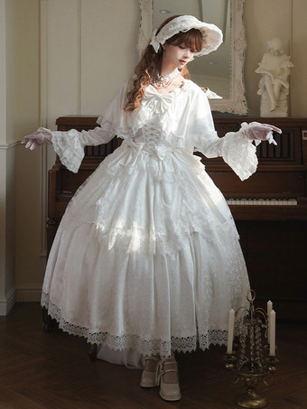 スイートロリータドレス ホワイトポリエステル 長袖 ウェディング姫ロリータドレス