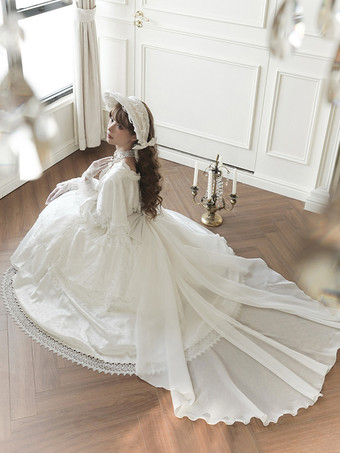 スイートロリータドレス ホワイトポリエステル 長袖 ウェディング姫ロリータドレス