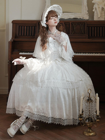 スイートロリータドレス ホワイトポリエステル 長袖 ウェディング姫ロリータドレス