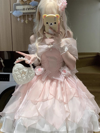 ピンクスイートロリータドレス ポリエステル ノースリーブ スイートドレス 姫ティーパーティー ロリータドレス