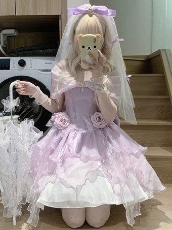 パープル スイートロリータドレス ポリエステル ノースリーブ スイートドレス 姫ティーパーティー ロリータドレス
