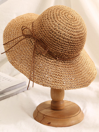 カーキ つばの広いかぎ針編みの麦わら帽子、折りたたみ可能な女性用サンハット 2025