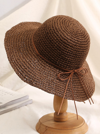 ブラウン つばの広いかぎ針編みの麦わら帽子、折りたたみ可能な女性用サンハット 2025