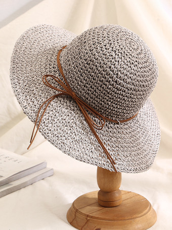 ライトグレーつばの広いかぎ針編みの麦わら帽子、折りたたみ可能な女性用サンハット 2025