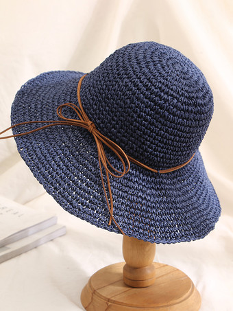 ダークネイビーつばの広いかぎ針編みの麦わら帽子、折りたたみ可能な女性用サンハット 2025