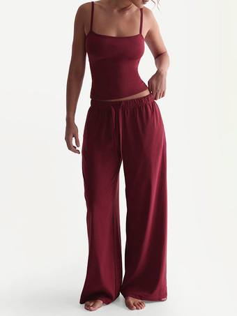 ワインレッド カジュアルキャミソールとワイドレッグパンツのツーピースラウンジセットレディース2025