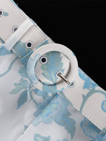 青い花柄ツーピースコーデセット シャツとショートパンツ、ベルト付き 夏レディースコーデ 2025