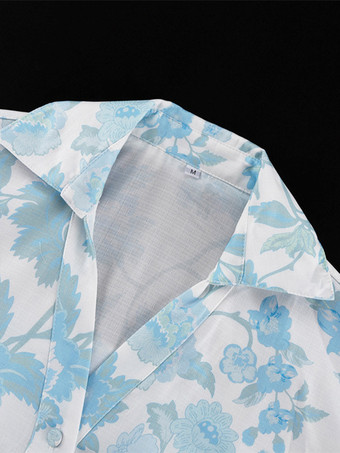 青い花柄ツーピースコーデセット シャツとショートパンツ、ベルト付き 夏レディースコーデ 2025