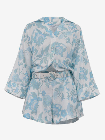 青い花柄ツーピースコーデセット シャツとショートパンツ、ベルト付き 夏レディースコーデ 2025