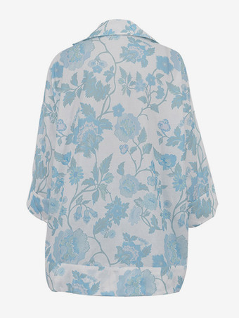 青い花柄ツーピースコーデセット シャツとショートパンツ、ベルト付き 夏レディースコーデ 2025