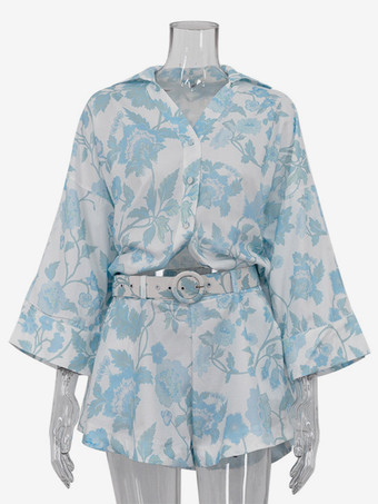 青い花柄ツーピースコーデセット シャツとショートパンツ、ベルト付き 夏レディースコーデ 2025