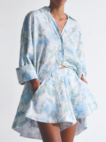 青い花柄ツーピースコーデセット シャツとショートパンツ、ベルト付き 夏レディースコーデ 2025