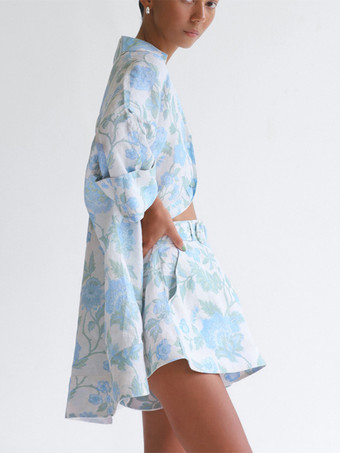 青い花柄ツーピースコーデセット シャツとショートパンツ、ベルト付き 夏レディースコーデ 2025