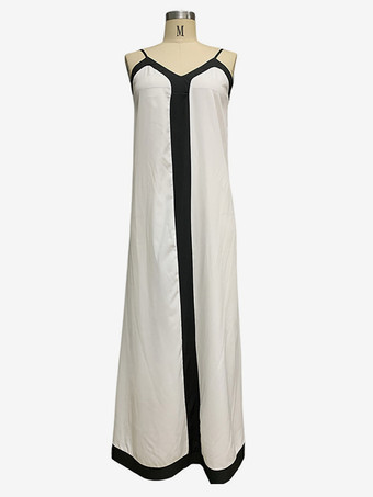 ビーチスリップドレス、ブラックコントラストトリム、Vネックロングドレス、レディース 2025