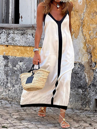 ビーチスリップドレス、ブラックコントラストトリム、Vネックロングドレス、レディース 2025