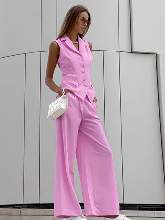 ピンクモダンなツーピースコーデセット ベストとワイドレッグパンツの夏コーデ（女性用 2025年版）