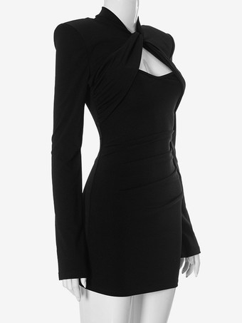 ブラック カットアウト ボディコン ドレス パッド入りショルダー ロングスリーブ ミニドレス レディース 2025