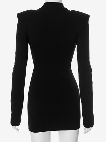 ブラック カットアウト ボディコン ドレス パッド入りショルダー ロングスリーブ ミニドレス レディース 2025