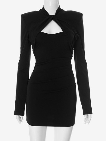 ブラック カットアウト ボディコン ドレス パッド入りショルダー ロングスリーブ ミニドレス レディース 2025