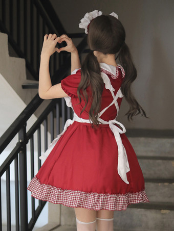 ロリータ スイートドレス メイドコスチューム コスプレ用 レッドベルベット フリル ユニフォーム