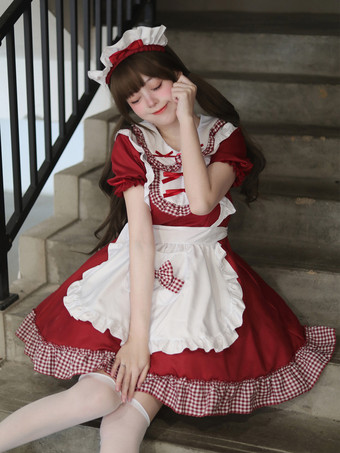 ロリータ スイートドレス メイドコスチューム コスプレ用 レッドベルベット フリル ユニフォーム