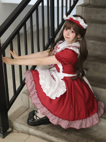 ロリータ スイートドレス メイドコスチューム コスプレ用 レッドベルベット フリル ユニフォーム