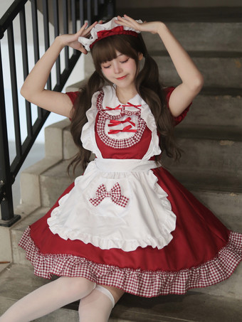 ロリータ スイートドレス メイドコスチューム コスプレ用 レッドベルベット フリル ユニフォーム